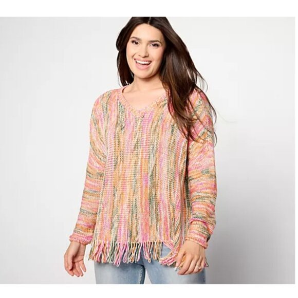 Denim & Co. Canyon Retreat Pullover ~ Drop Shoulder Fringe Hem Pink A648923 - Picture 1 of 5
